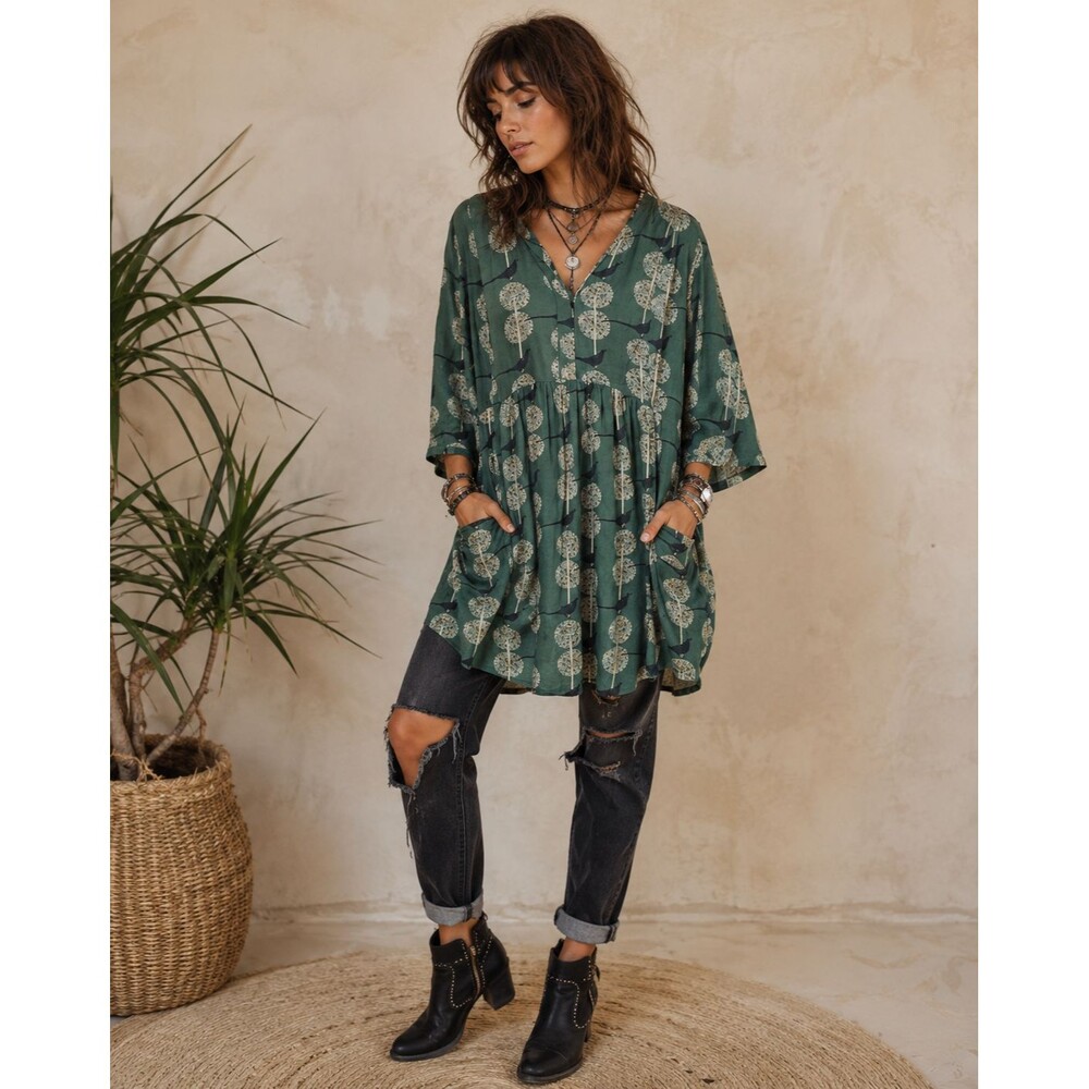 Maeve Anthropologie Tunic Dress Top Size Petite Medium Green Bird Floral Boho